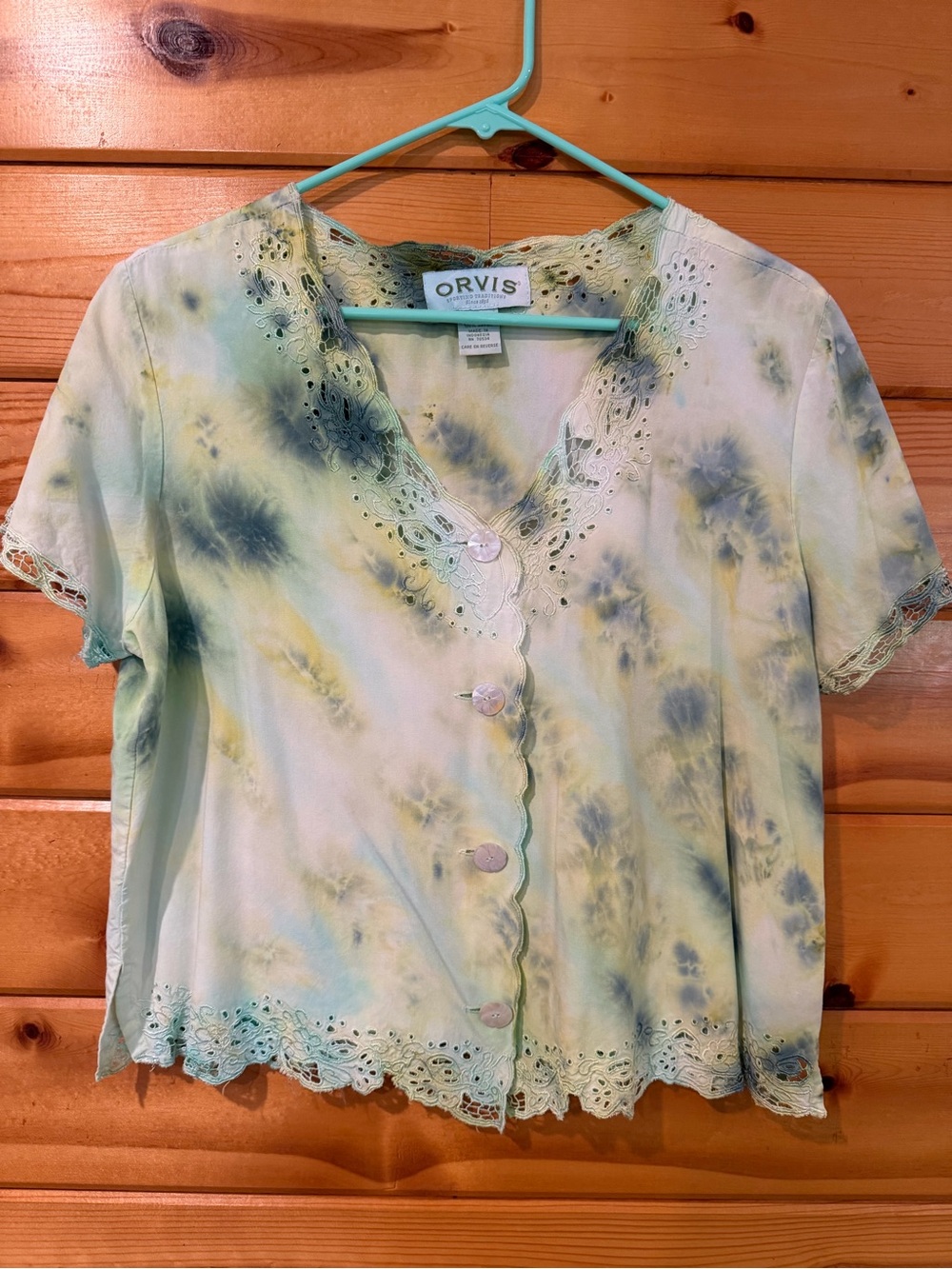 Upcycled Ice Dye Boho V-neck top.Orvis eyelet lace trim blouse.Size Lg